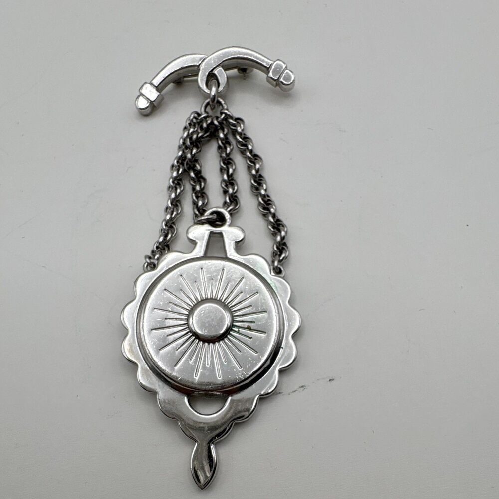 Vintage Monet Silver Tone Sunburst Medallion Dangle Chain Brooch Pin Unisex